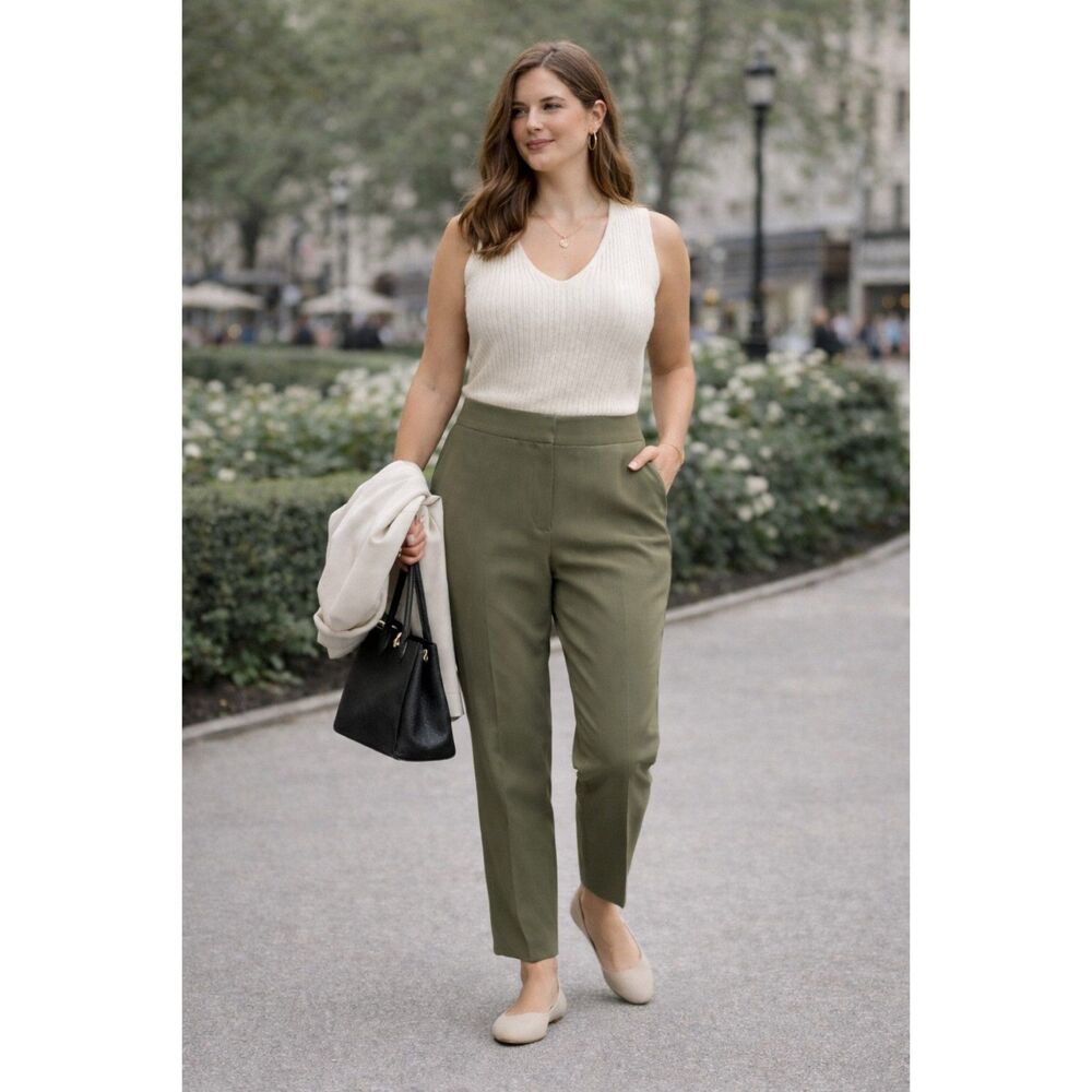 Quince Pants Size 12 Stretch Crepe Pleated Ankle Olive Green Pockets
